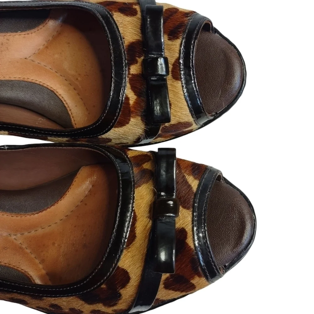 Nurture Women's Leather Calf fur Leopard Peep Toe Pumps Heels Shoes Sz 7.5M